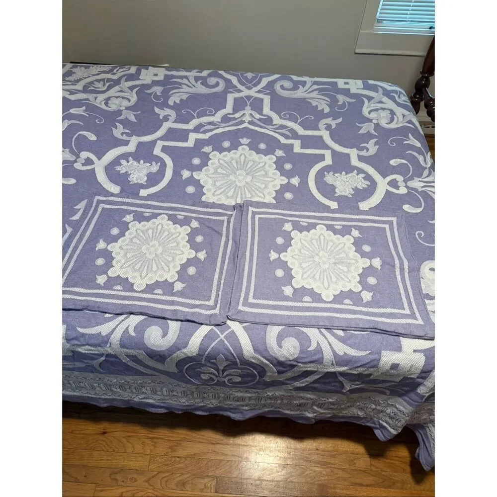 Queen Size 100% Cotton Bedspread Coverlet + Two Square Shams Purple and White